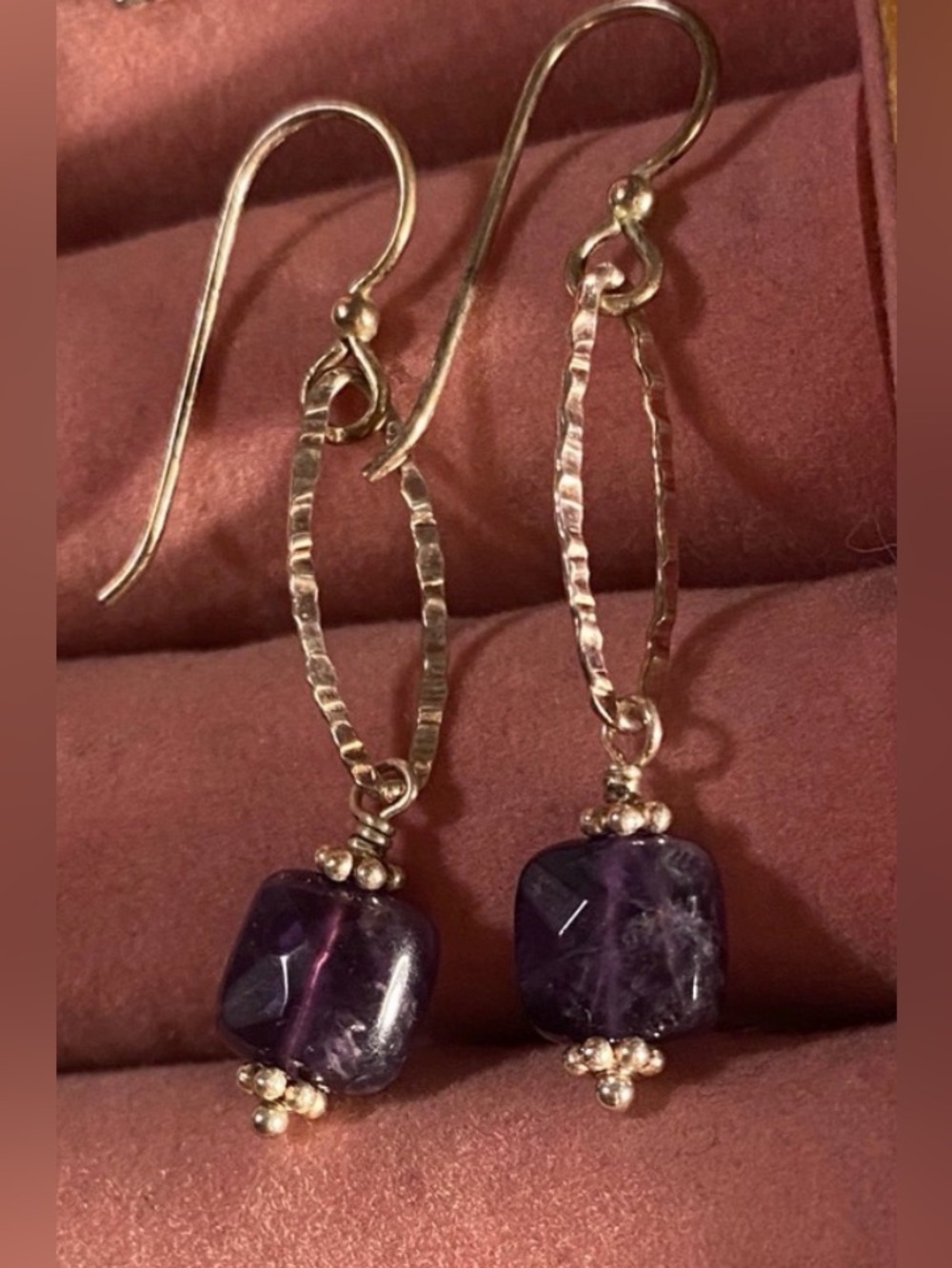 Hammered Sterling Oval with purple gem earrings